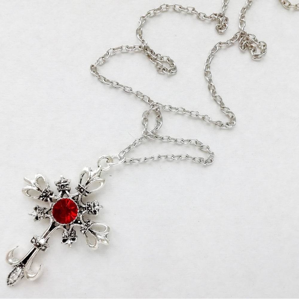 Silver Cross with Red Stone Necklace